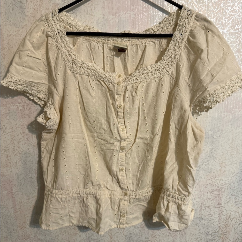 Sonoma Cream Eyelet Button-Up Cap Sleeved Cropped Blouse, Sz PXL